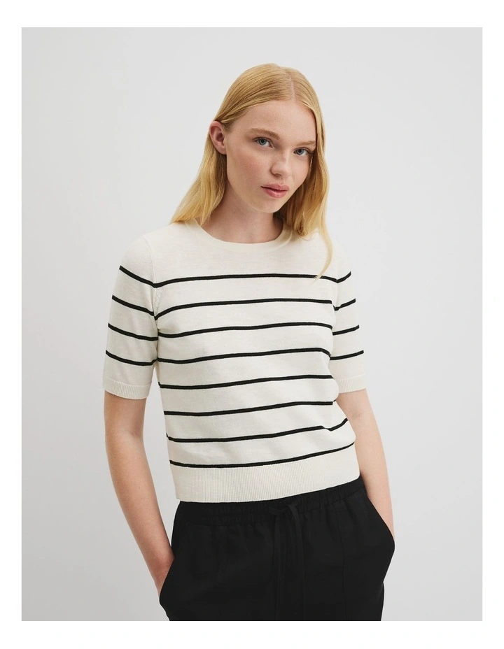 Organically Grown Cotton Linen Short Sleeve Knit T-shirt in Black Stripe image 1