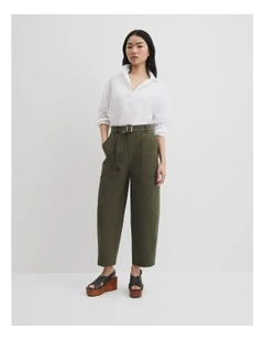 Organically Grown Cotton Belted Panel Pant in Deep Olive