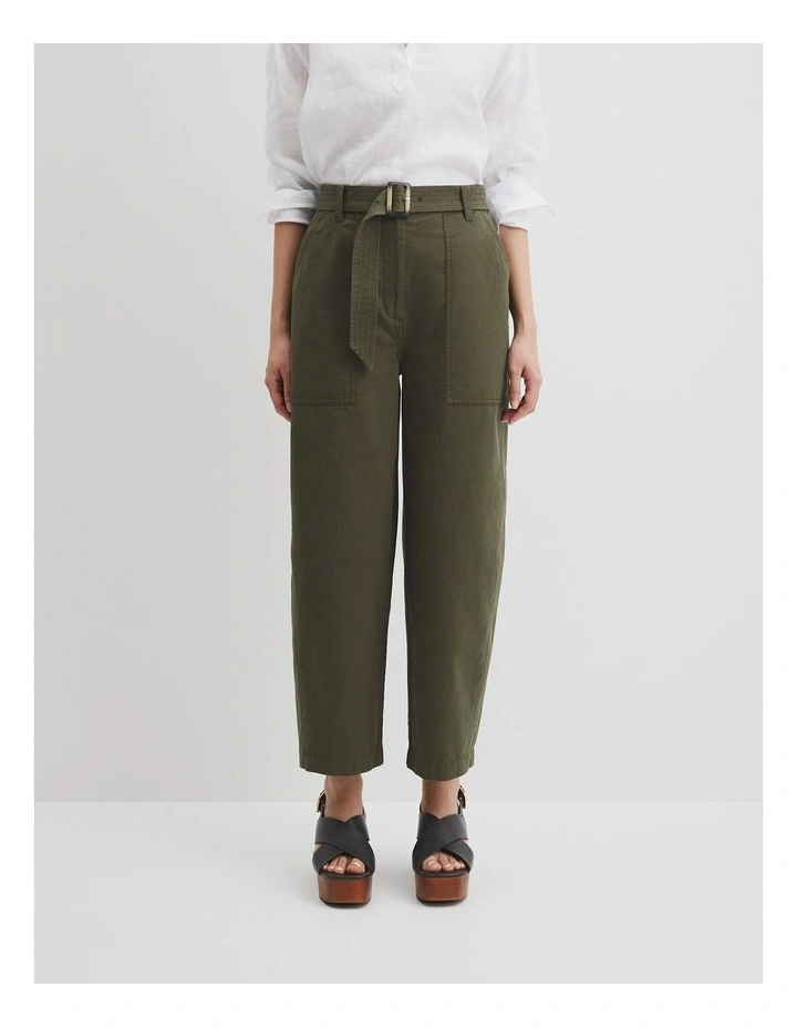Organically Grown Cotton Belted Panel Pant in Deep Olive image 2