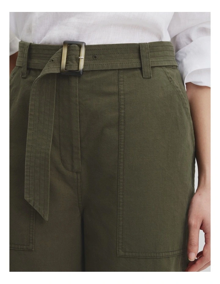 Organically Grown Cotton Belted Panel Pant in Deep Olive image 3
