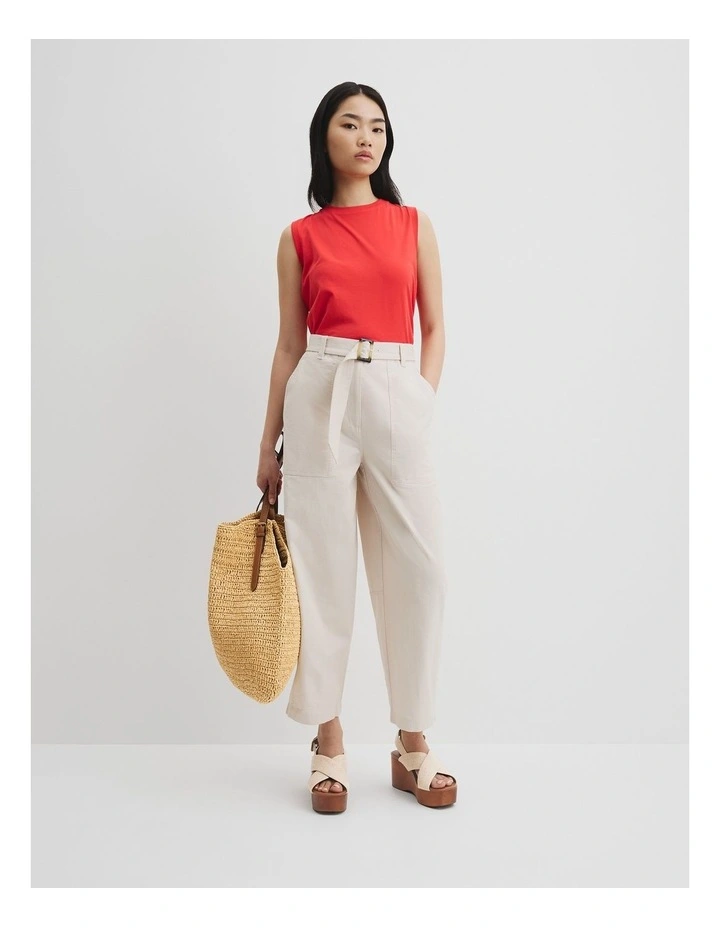 Organically Grown Cotton Belted Panel Pant in Tahini image 1