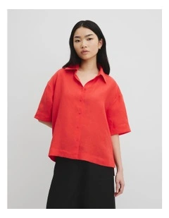 Organically Grown Linen Short Sleeve Shirt in Vivid Red