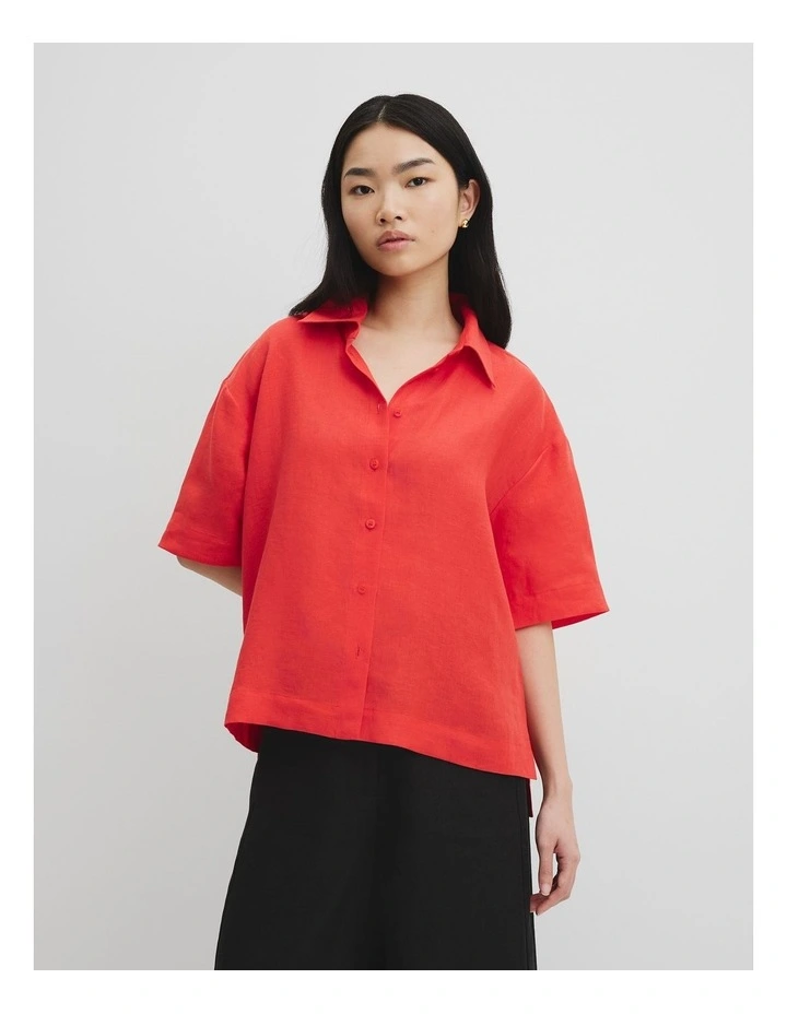 Organically Grown Linen Short Sleeve Shirt in Vivid Red image 1