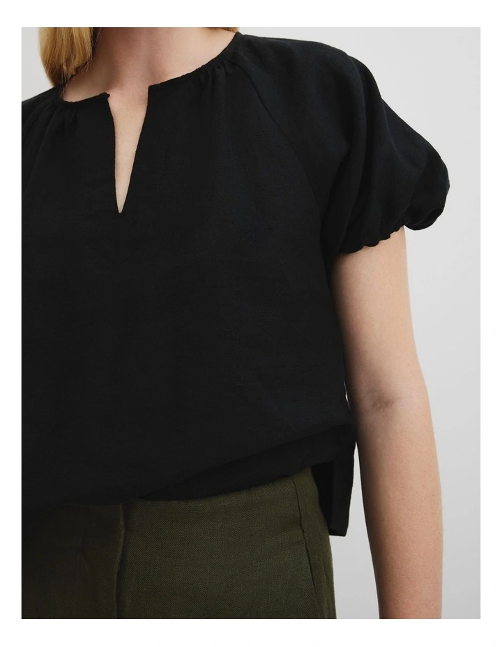 Organically Grown Linen Puff Sleeve Linen Top in Black image 2