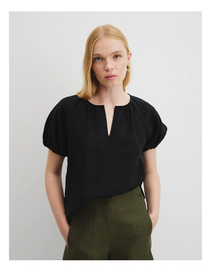 Organically Grown Linen Puff Sleeve Linen Top in Black image 3