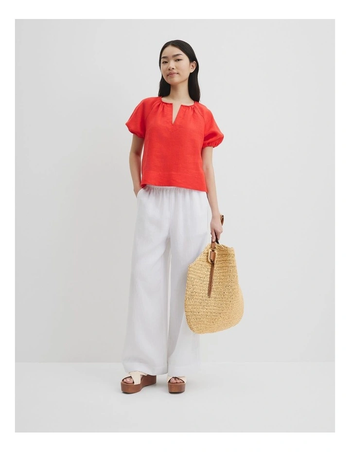 Organically Grown Linen Puff Sleeve Linen Top in Vivid Red image 2