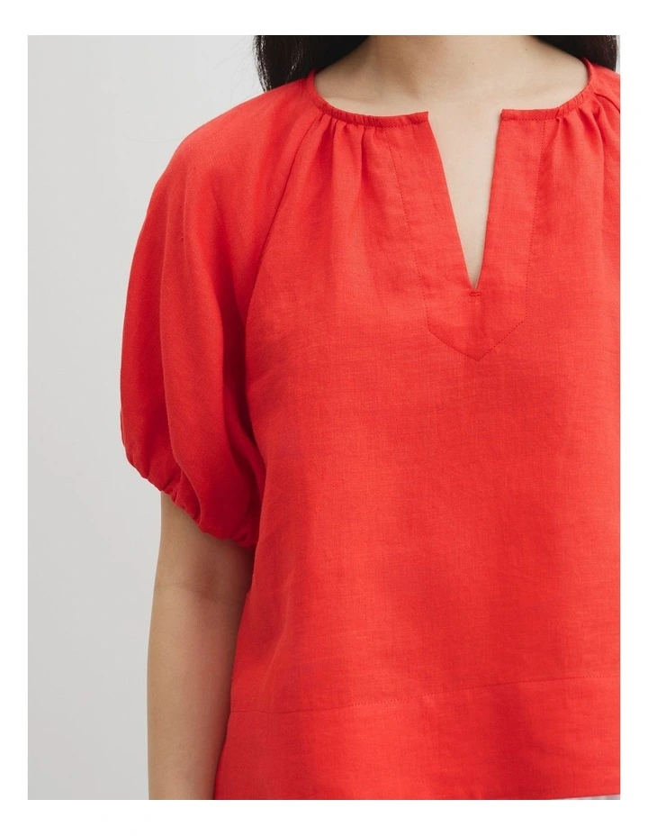 Organically Grown Linen Puff Sleeve Linen Top in Vivid Red image 3