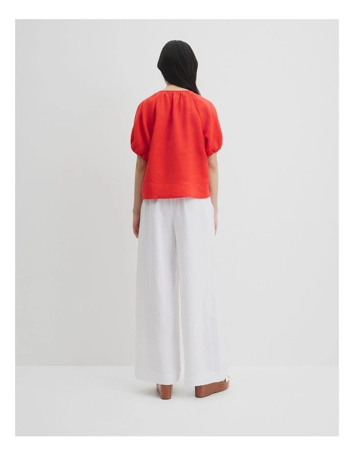 Organically Grown Linen Puff Sleeve Linen Top in Vivid Red image 4