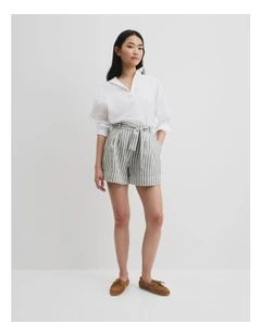 Organically Grown Linen Tuck Front Short in Caper Stripe