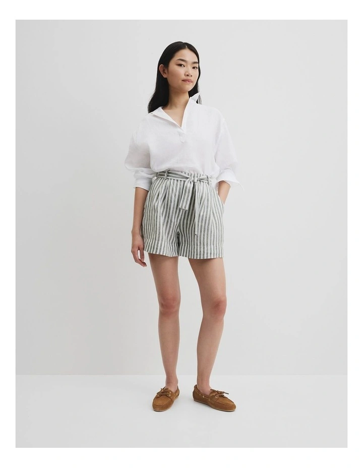 Organically Grown Linen Tuck Front Short in Caper Stripe image 1