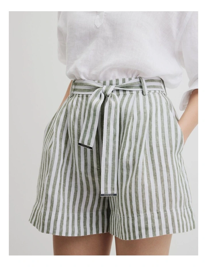 Organically Grown Linen Tuck Front Short in Caper Stripe image 2