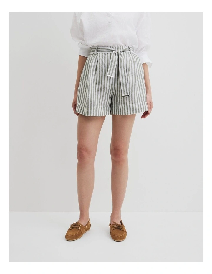 Organically Grown Linen Tuck Front Short in Caper Stripe image 3