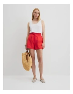 Organically Grown Linen Tie Detail Stripe Short in Vivid Red