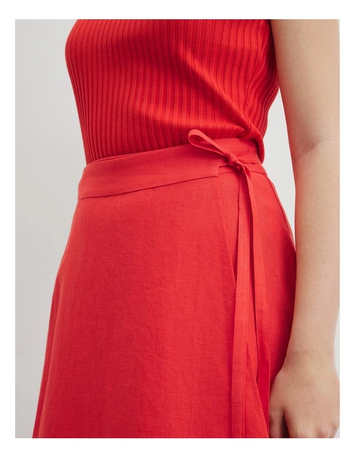 Organically Grown Linen Wrap Midi Skirt in Vivid Red image 2
