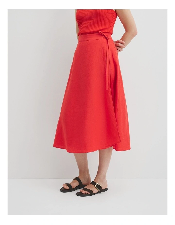 Organically Grown Linen Wrap Midi Skirt in Vivid Red image 3