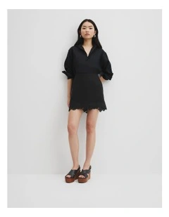Linen Scalloped Skirt in Black