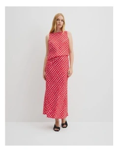 Draped Bias Print Skirt in Vivid Red Twisted Geo