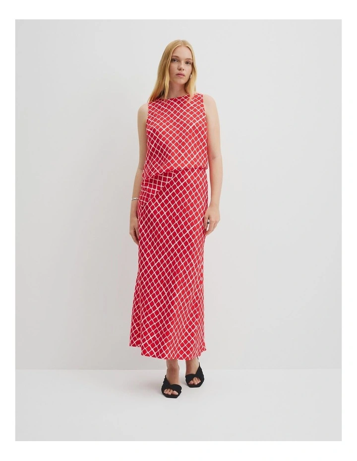 Draped Bias Print Skirt in Vivid Red Twisted Geo image 1