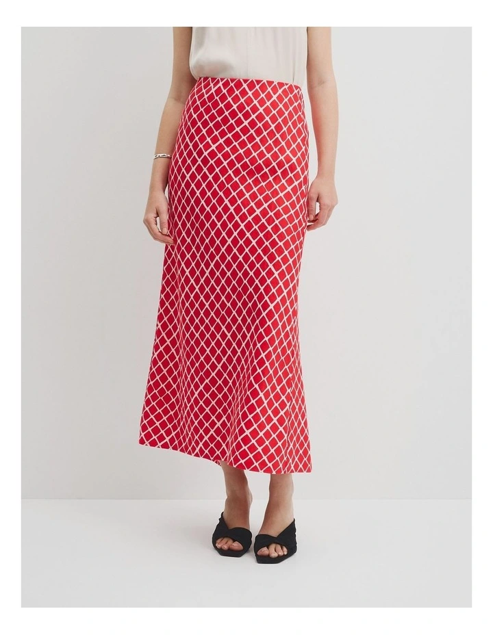 Draped Bias Print Skirt in Vivid Red Twisted Geo image 2