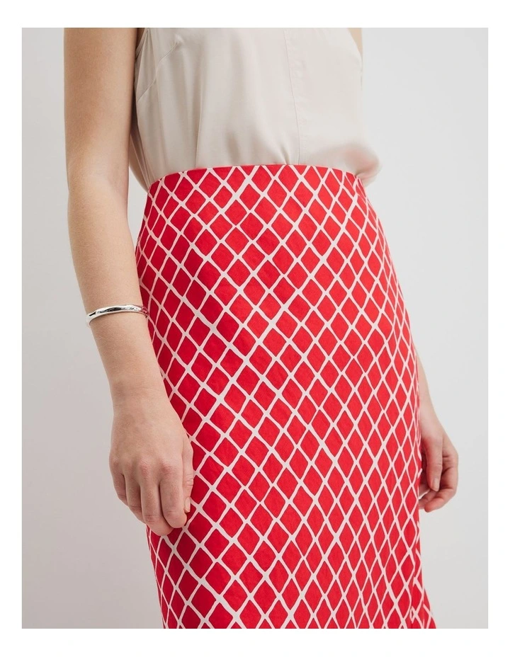 Draped Bias Print Skirt in Vivid Red Twisted Geo image 3