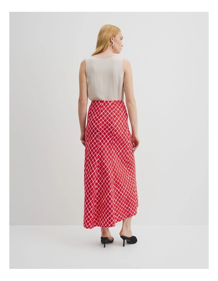 Draped Bias Print Skirt in Vivid Red Twisted Geo image 4