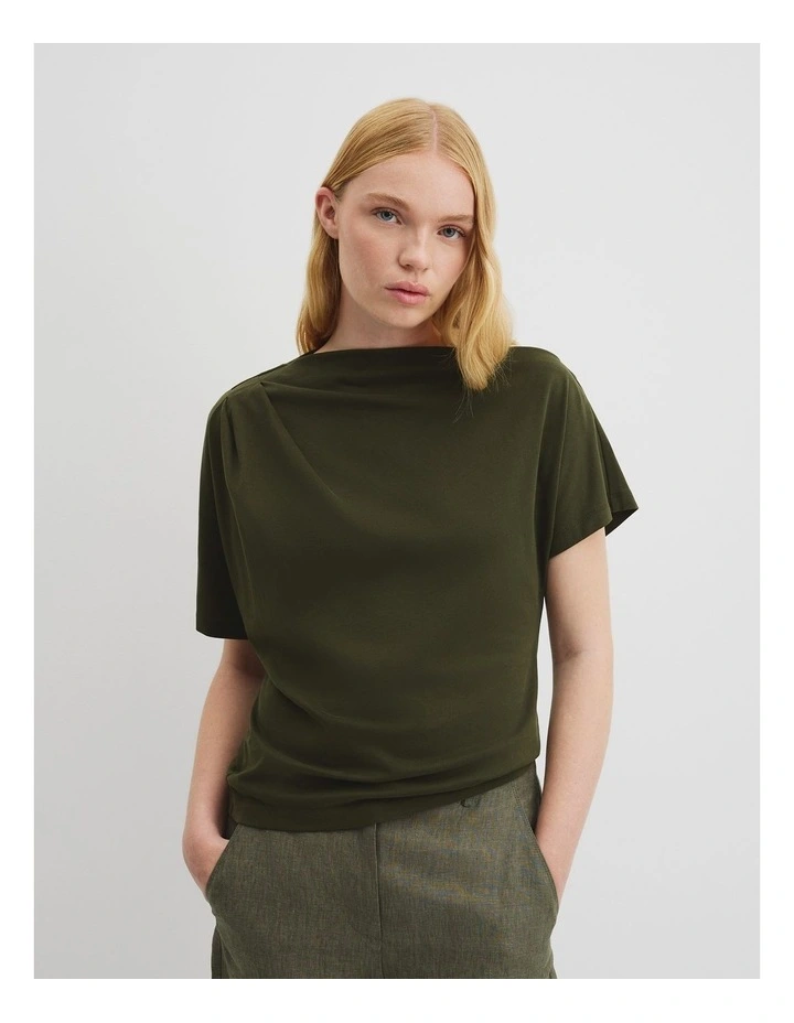 Australian Cotton One Shoulder T-shirt in Deep Olive image 1