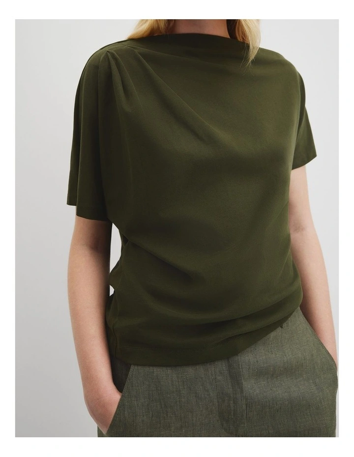 Australian Cotton One Shoulder T-shirt in Deep Olive image 2