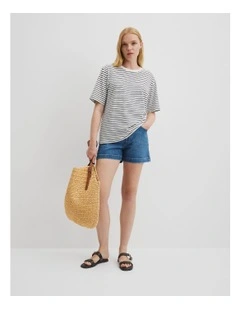 Australian Cotton Stripe Short Sleeve Relaxed T-shirt in Navy Stripe