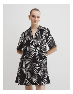 Print Linen Popover Dress in Black Feather Palm