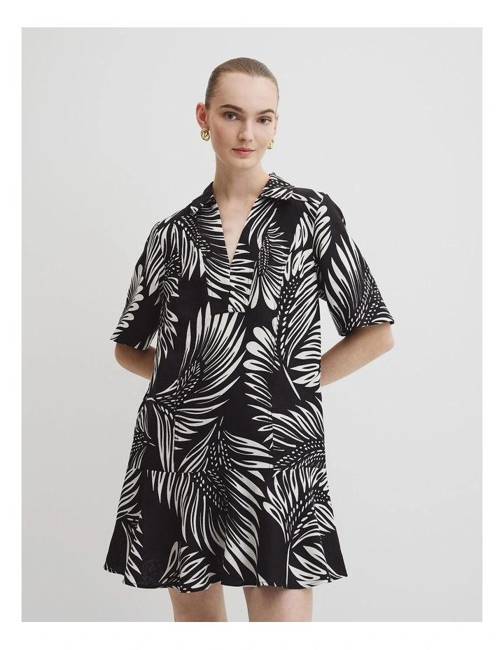 Print Linen Popover Dress in Black Feather Palm image 1