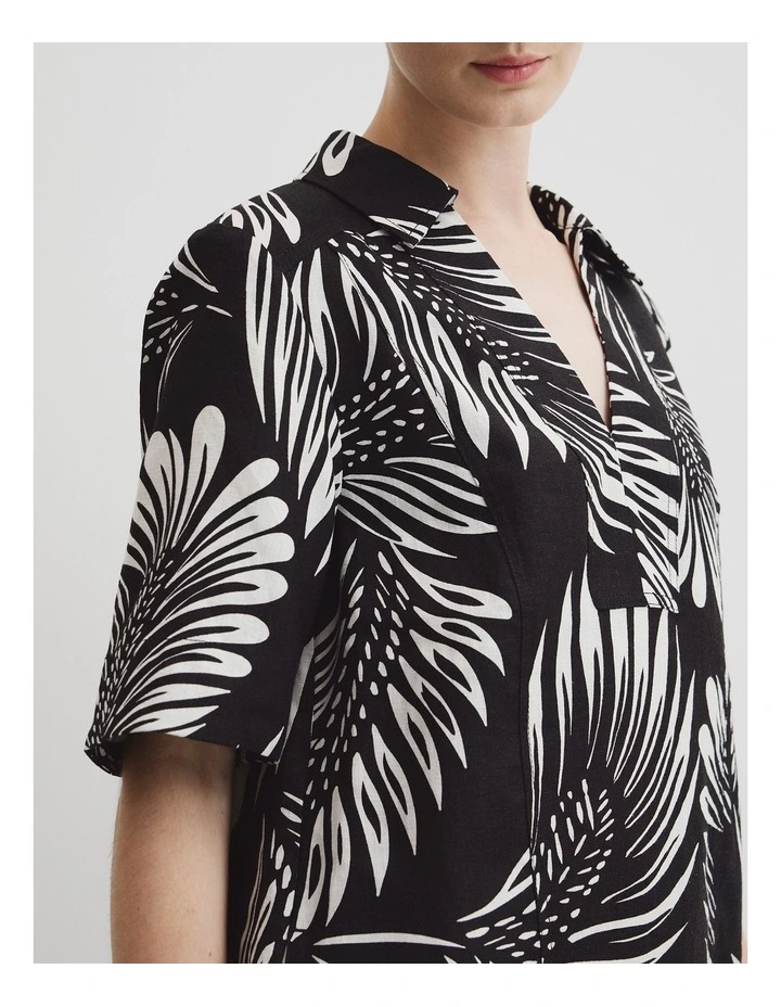 Print Linen Popover Dress in Black Feather Palm image 2