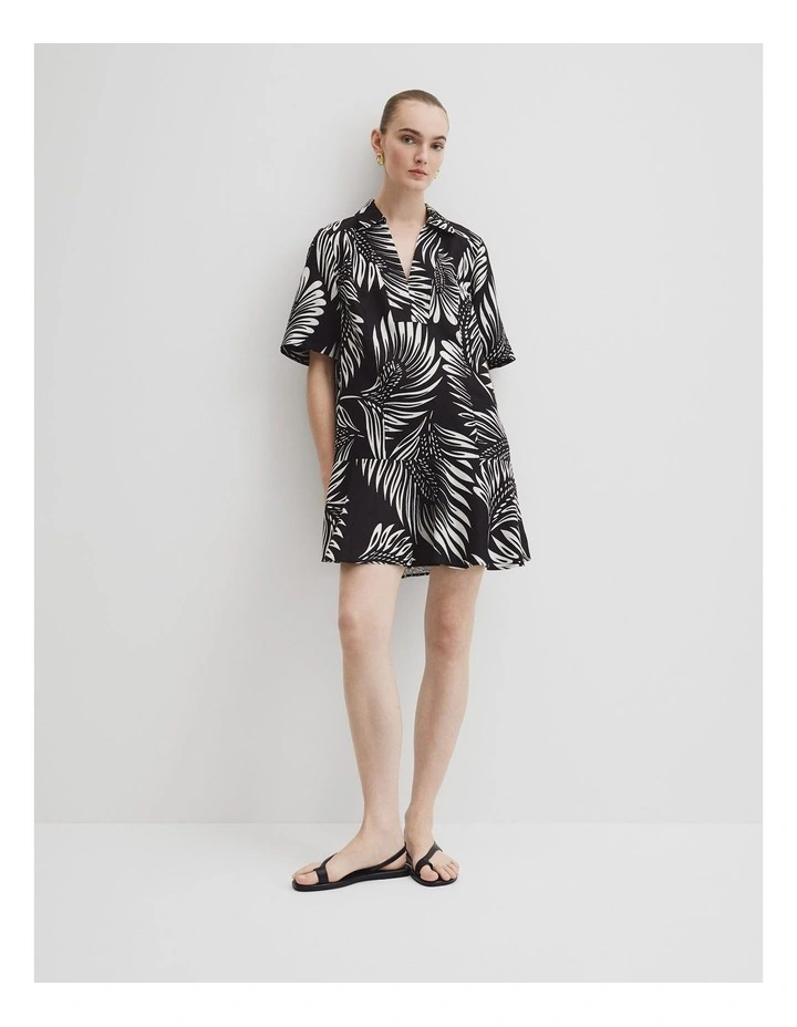 Print Linen Popover Dress in Black Feather Palm image 3