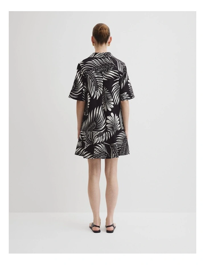 Print Linen Popover Dress in Black Feather Palm image 4