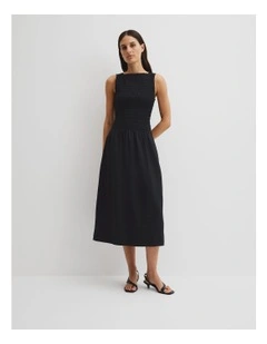 Organically Grown Linen Shirred Midi Dress in Black