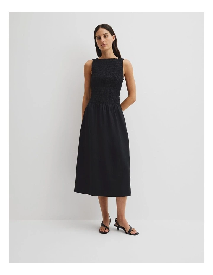 Organically Grown Linen Shirred Midi Dress in Black image 1