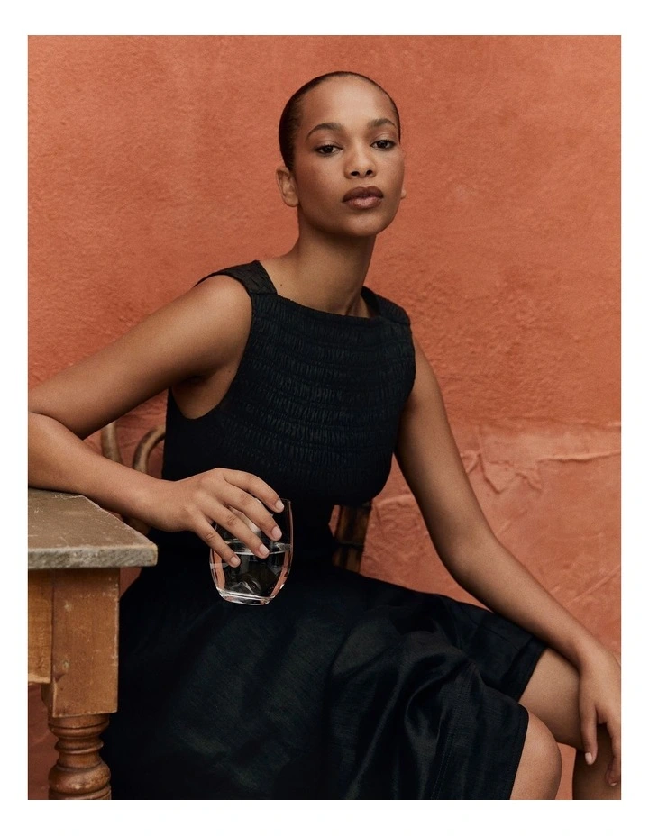 Organically Grown Linen Shirred Midi Dress in Black image 2