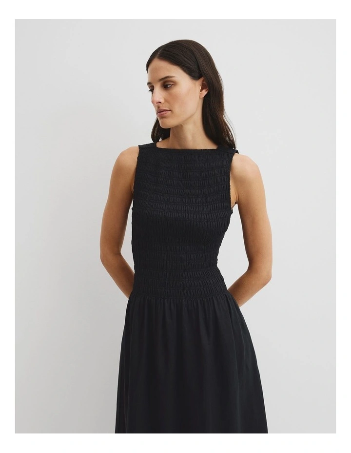 Organically Grown Linen Shirred Midi Dress in Black image 4