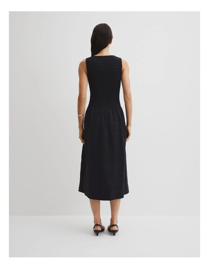 Organically Grown Linen Shirred Midi Dress in Black image 5