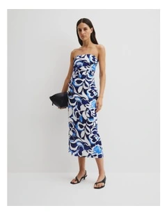 Organically Grown Linen Print Strapless Midi Dress in Abstract Floral Print