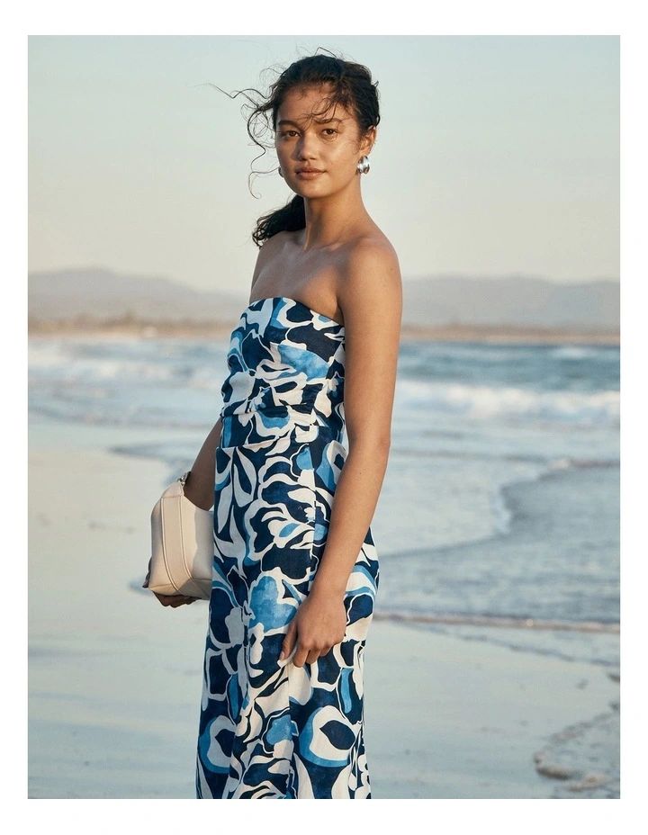 Organically Grown Linen Print Strapless Midi Dress in Abstract Floral Print image 2