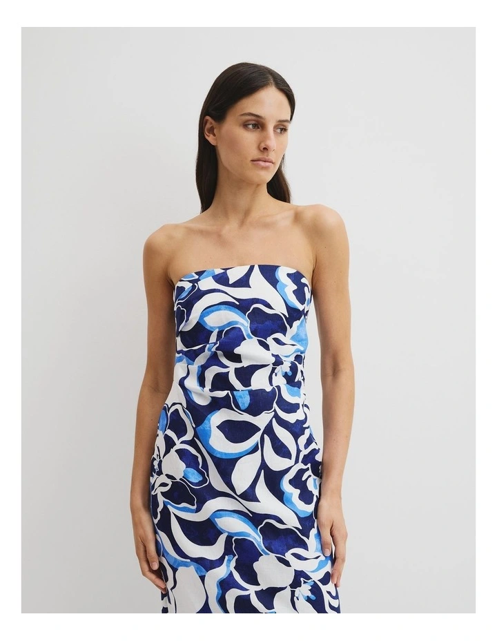Organically Grown Linen Print Strapless Midi Dress in Abstract Floral Print image 3