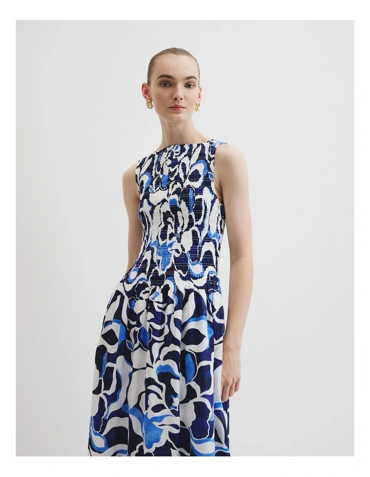 Print Shirred Midi Dress in Abstract Floral Print image 1