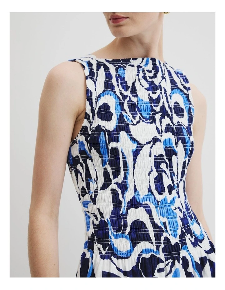 Print Shirred Midi Dress in Abstract Floral Print image 2