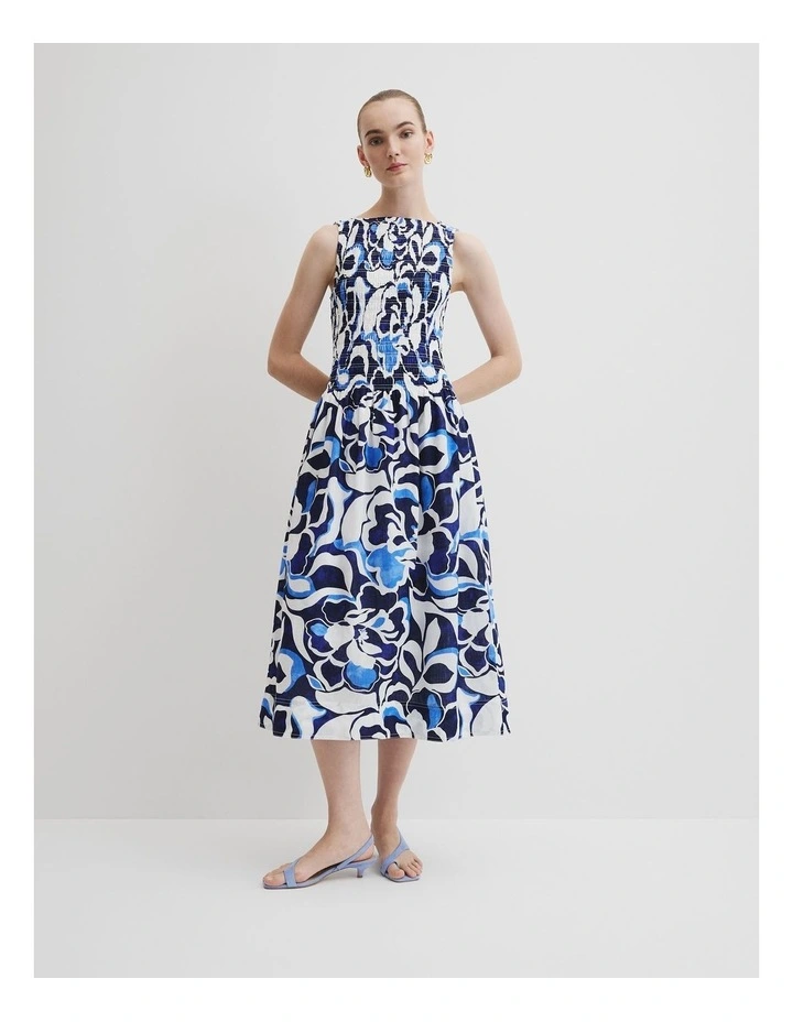 Print Shirred Midi Dress in Abstract Floral Print image 3