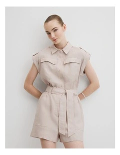 Organically Grown Linen Utility Playsuit in Tapioca