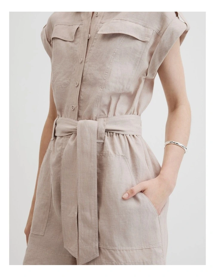 Organically Grown Linen Utility Playsuit in Tapioca image 2