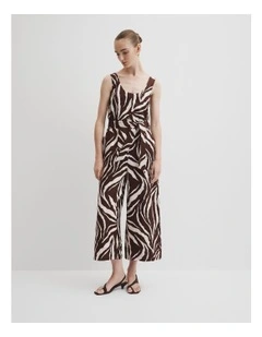 Linen Printed Jumpsuit in Mocha Animal