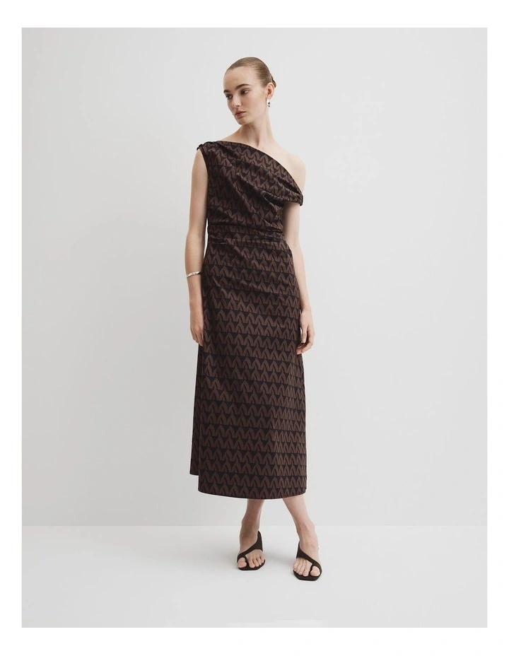 Print Off-shoulder Midi Dress in Cocoa Batik Geo image 1