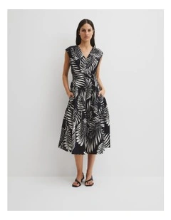 Print Tiered Midi Dress in Black Feather Palm