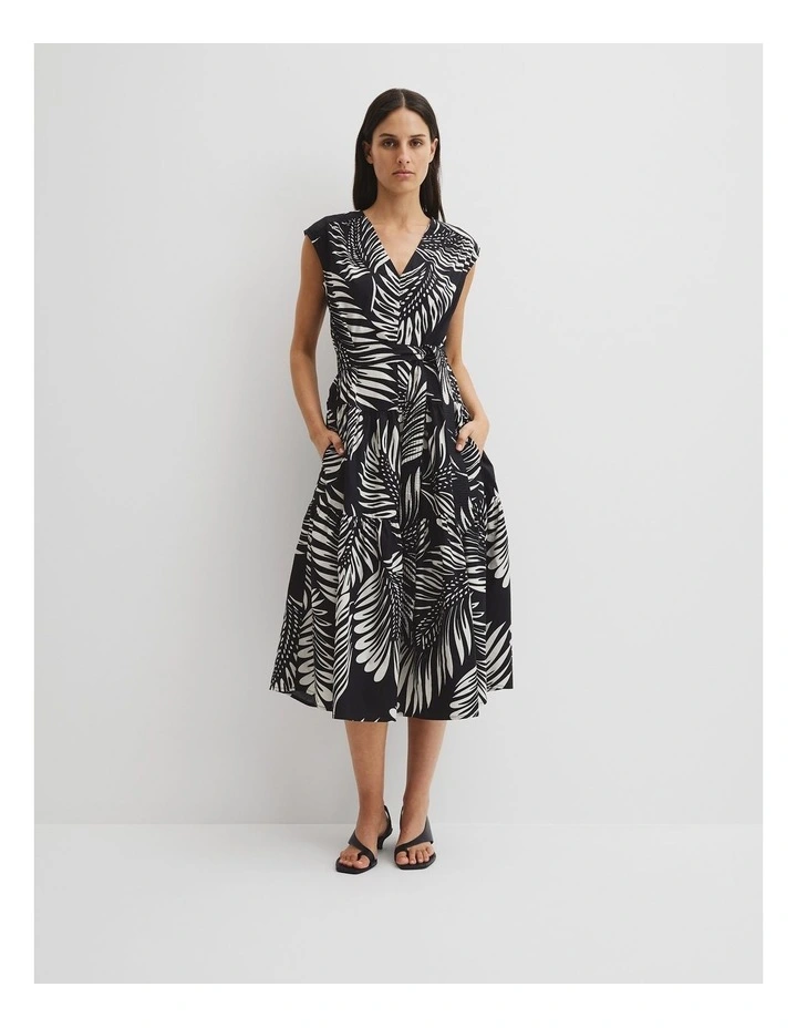 Print Tiered Midi Dress in Black Feather Palm image 1